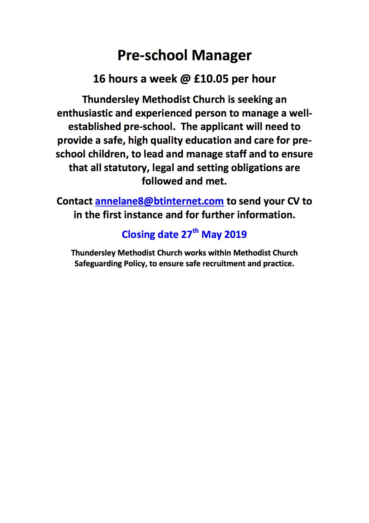 Job Advert for Pre-school Manager 2019 2